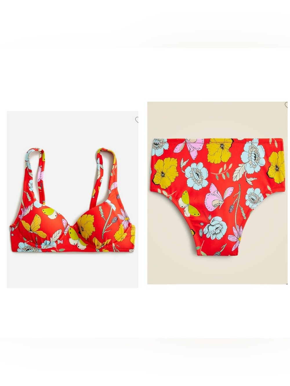 J. Crew X Dauphinette High Rise Underwire 2 Piece Bikini Red Blooms Sz 36 A & S